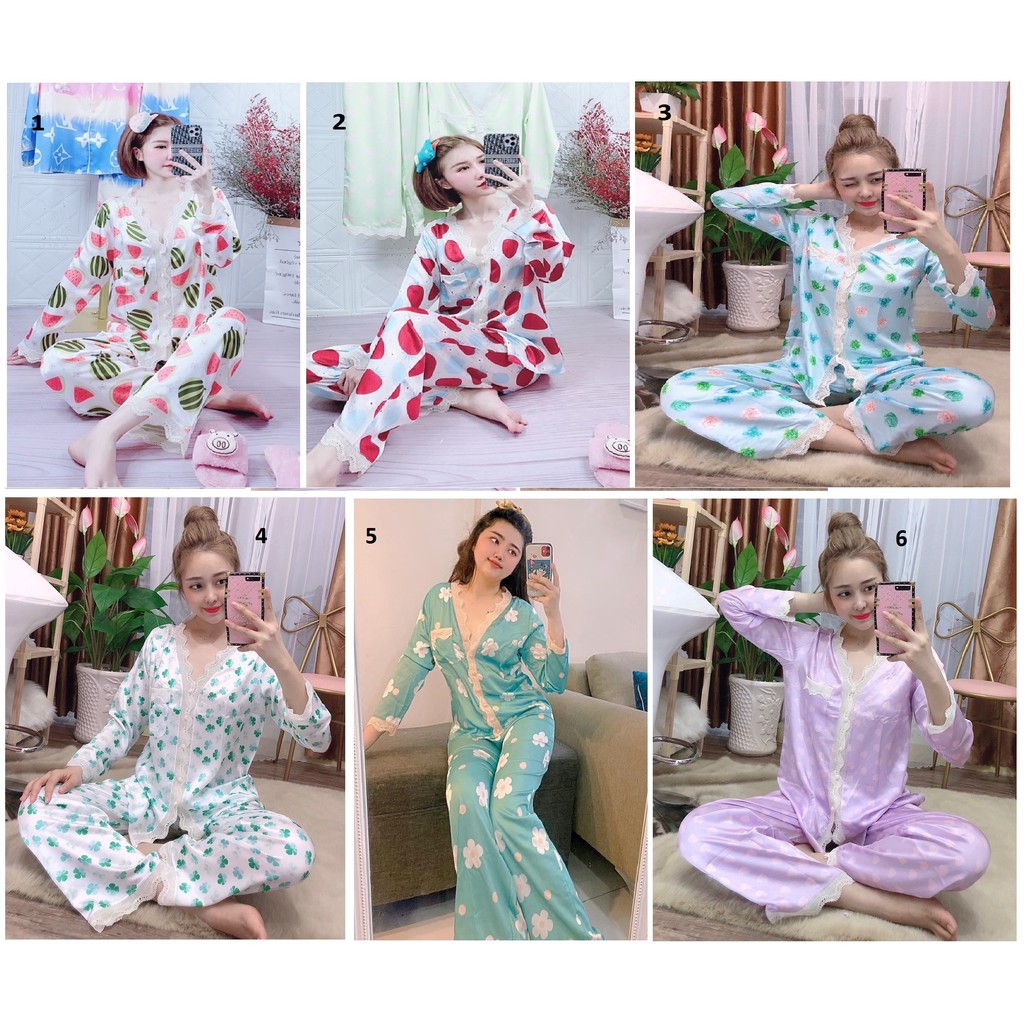 [XÃ KHO] Đồ Bộ Lụa Satin - Tay Dài Phối Hoa Ren