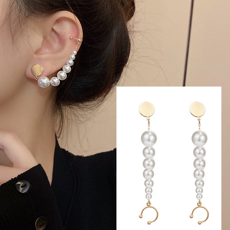 Khuyên Tai Dạng Kẹp Vành Tai Phối Dây Xích Đính Đá Zircon / Ngọc Trai Phong Cách Hàn Quốc Cổ Điển Mới 2022