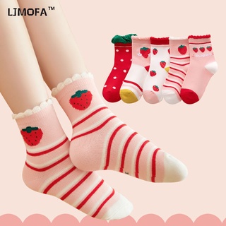 LJMOFA KIDS 5 cô gái 1-12 tuổi cô gái bông tất sọc trái dâu hoạt hình phim hoạt hình cô gái công chúa vớ trong không khí hấp thụ mồ hôi mềm mại và thoải mái cao su trẻ em vớ vớ trẻ em bán buôn