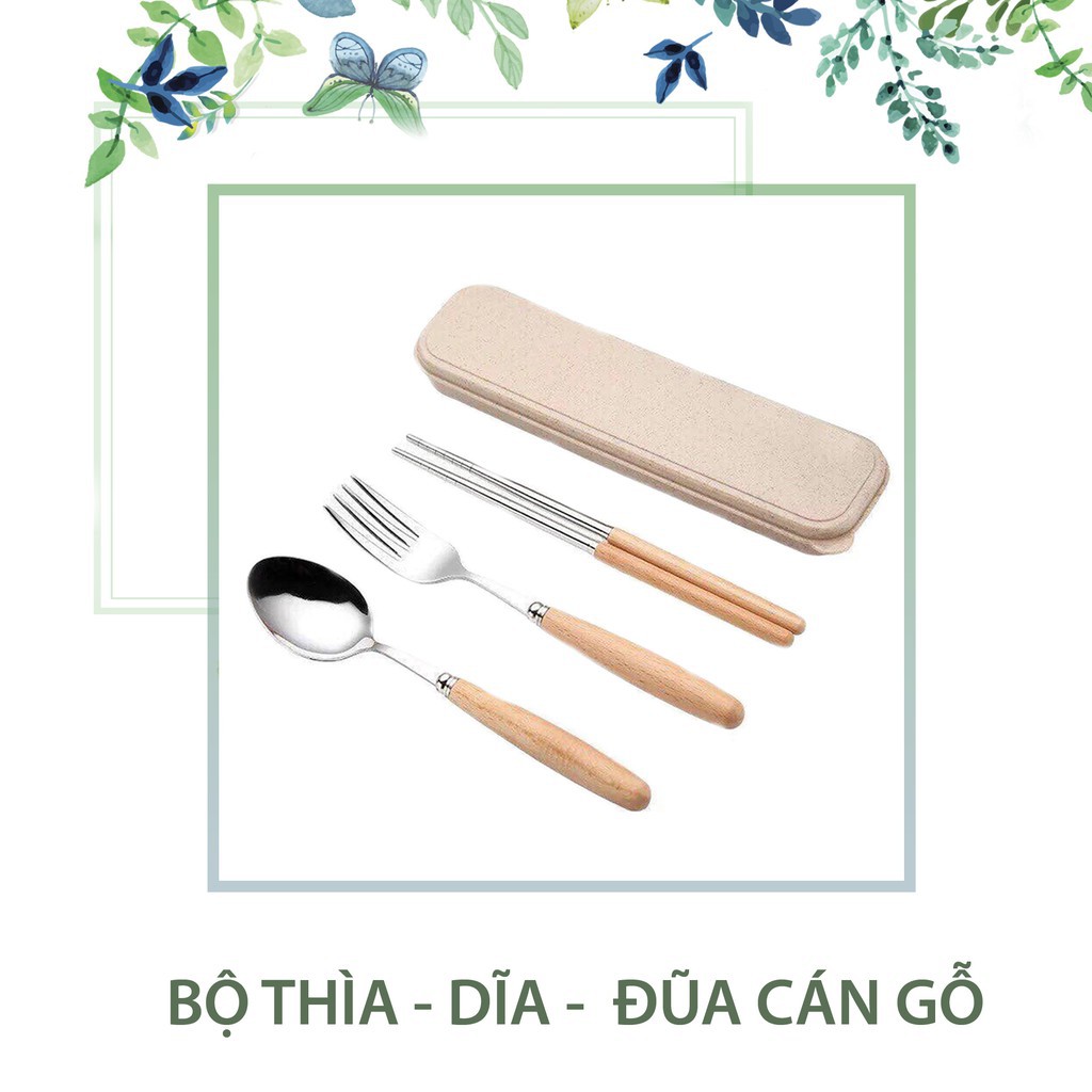 Bộ Đũa, Thìa, Dĩa Inox Cán Gỗ Tặng Kèm Hộp Đựng Lúa Mạch