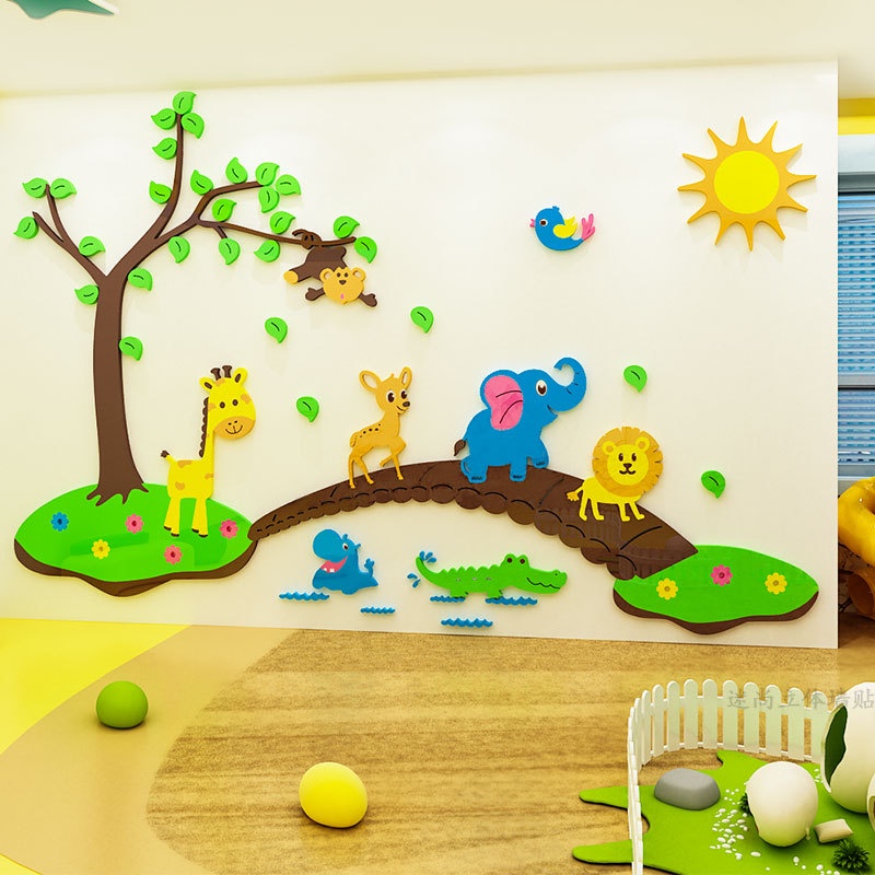 Tranh dán tường mica 3d decor Động vật qua cầu Trang trí nhà trẻ, phòng cho bé Nhiều Size - EPeBen