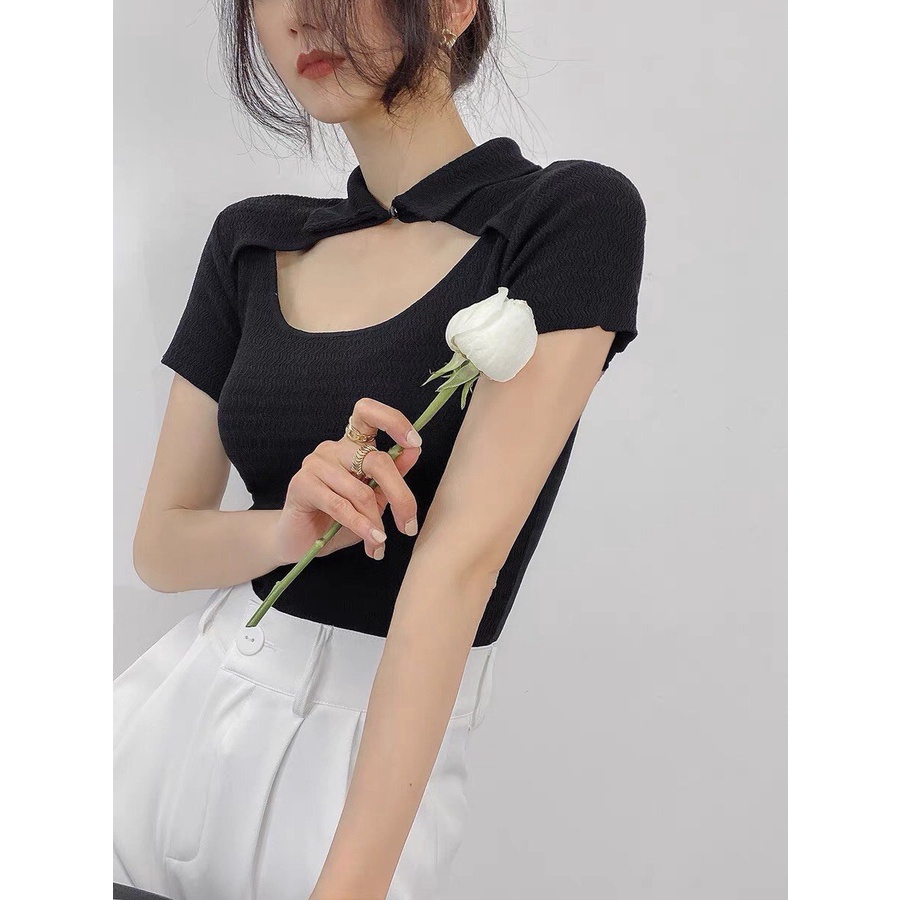 Áo Croptop Cài Cúc Khoét Cổ Hàn Quốc, Dáng Hottrend, Freesize Dưới 55Kg, Có Quà Tặng Kèm