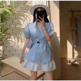Đầm vest xanh tay phồng kèm chân váy trắng sang chảnh