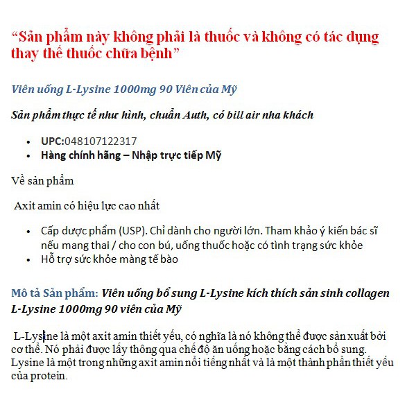 [USA] Sản phẩm Mỹ, L-l-ysine 1000mg 90V | BigBuy360 - bigbuy360.vn
