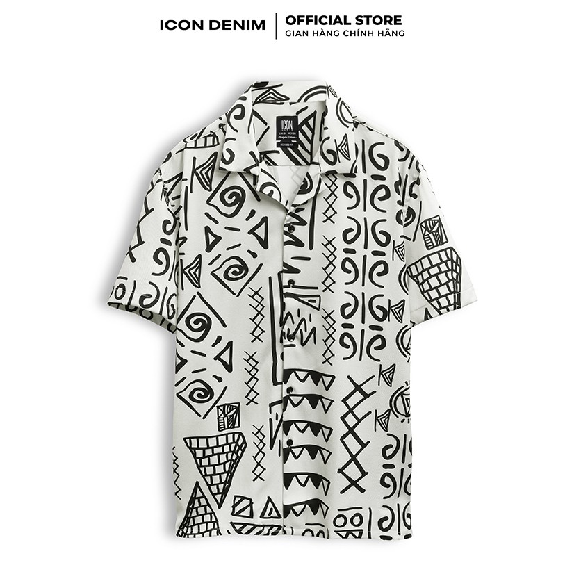 Áo Sơ Mi Nam Tay Ngắn Cổ Danton Họa tiết Biểu Tượng Tribal Doodle Vải Chun Chéo Mềm Mát ICON DENIM | BigBuy360 - bigbuy360.vn