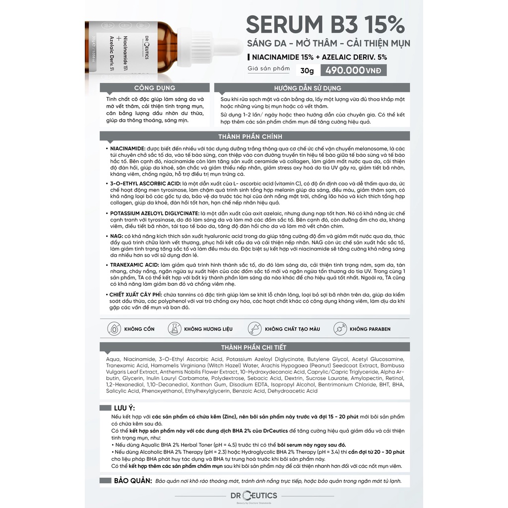 Tinh chất Serum B3 Niacinamide DrCeutics giảm thâm, sáng da, kiềm dầu 30ml 100ml - Thi Vũ