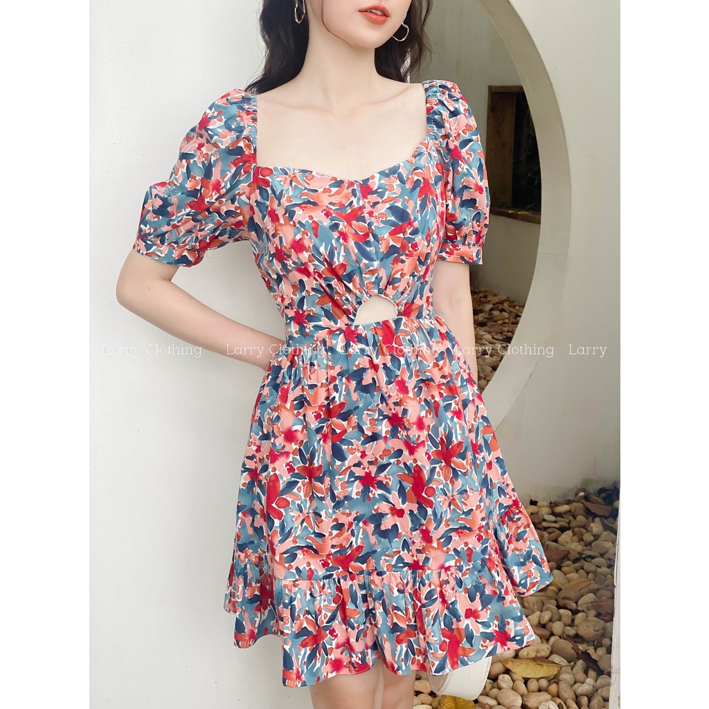 Đầm thiết kế nữ váy ngắn cổ vuông tay bồng chiết eo chất thô hoa Hàn Quốc thời trang thiết kế Larry Clothing V624