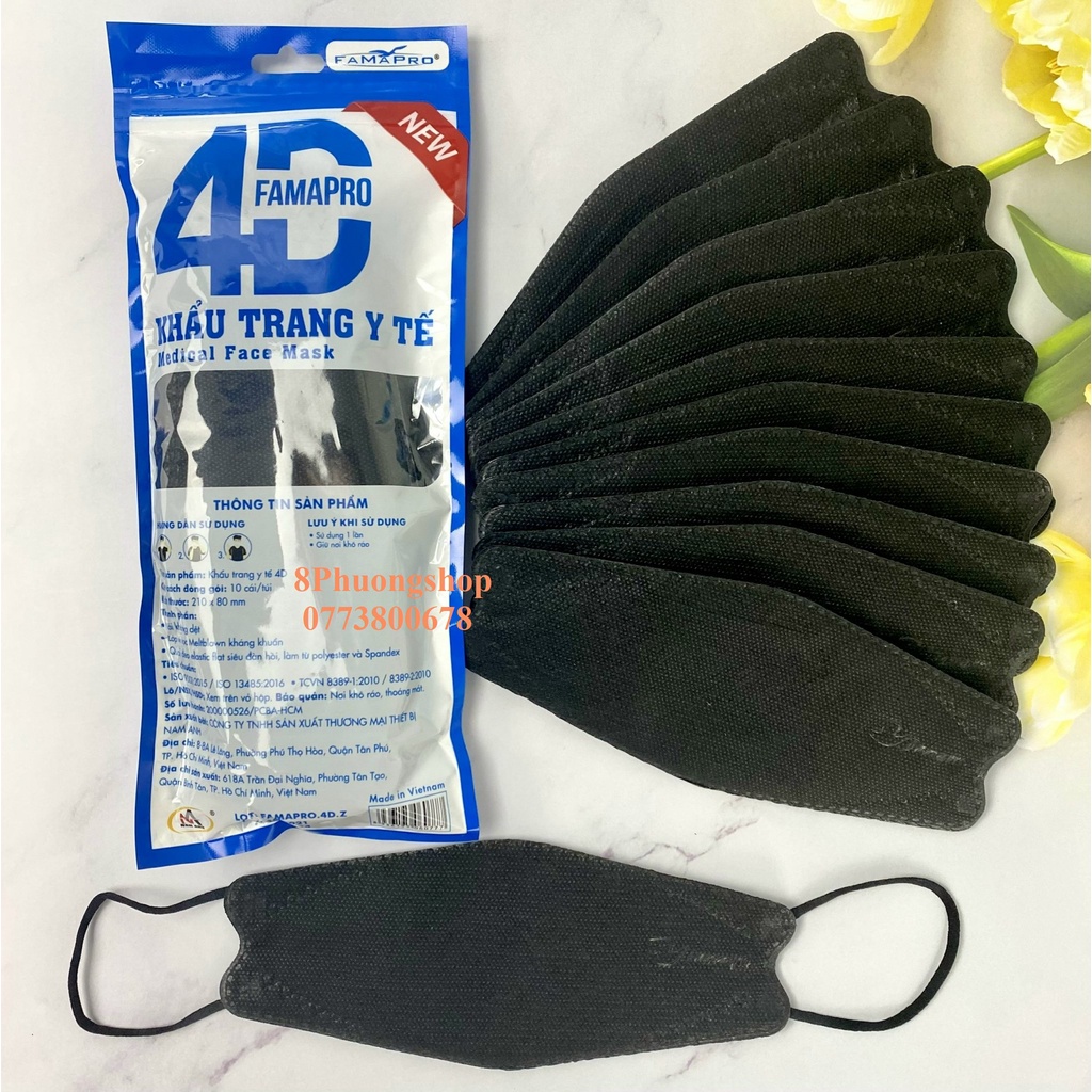 10 Cái Khẩu Trang 4D FAMAPRO DẠNG TÚI Chính Hãng Nam Anh 4 Lớp Kháng Khuẩn