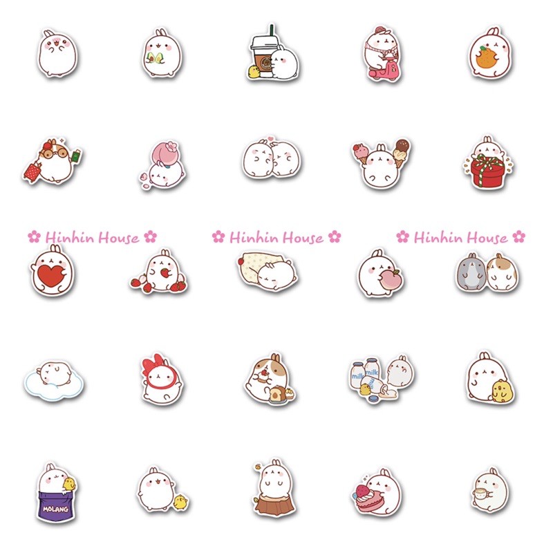 Set 50 Sticker PVC Chống Thấm Nước Hình MOLANG Dán Vali, Mũ Bảo Hiểm, Laptop, Guitar, Ô tô, Xe Máy,...