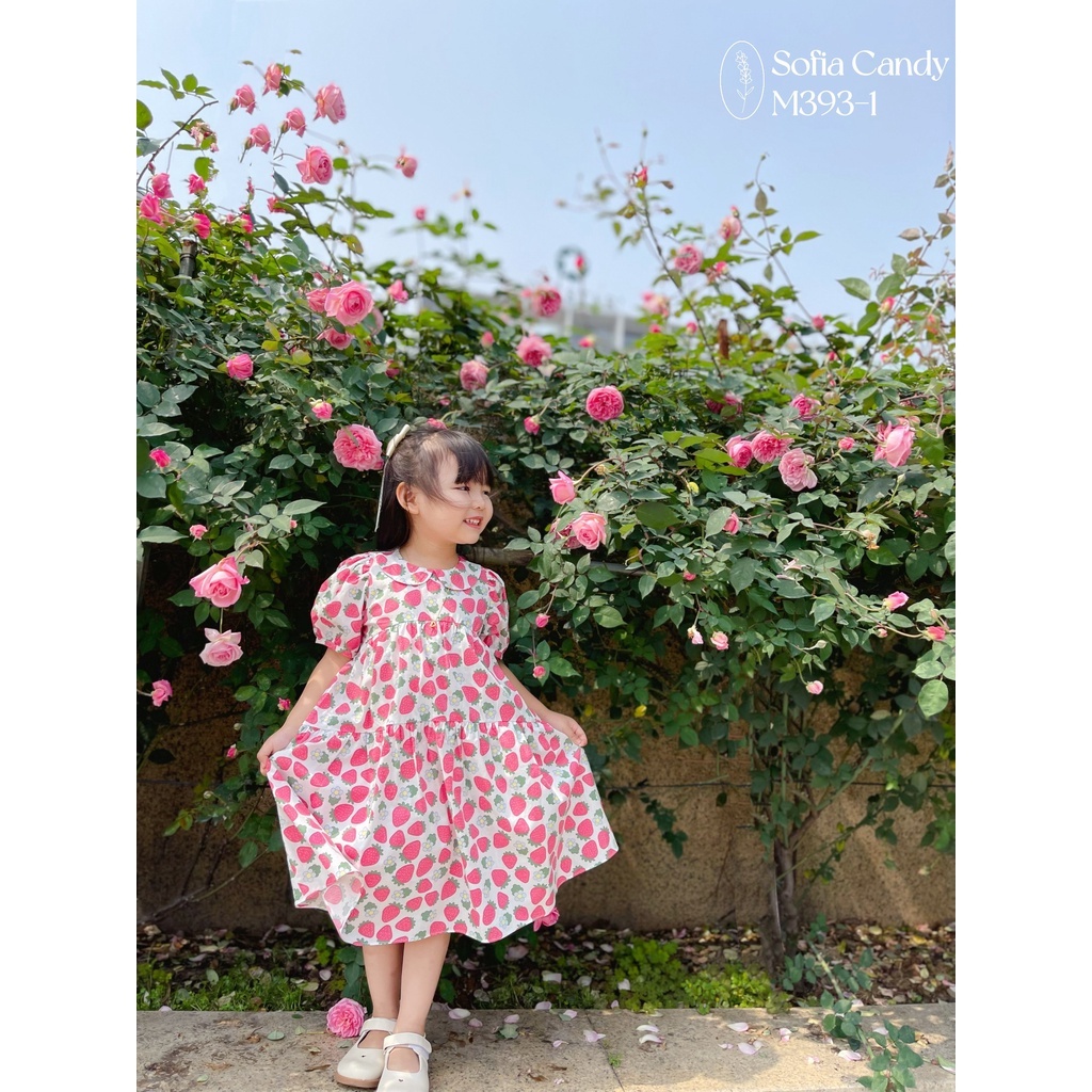 VNXK-VÁY SOFIA THIẾT KẾ FORM RỘNG HÌNH IN TRÁI DÂU, TAY PHỒNG CHO BÉ GÁI -MÃ ĐBG02
