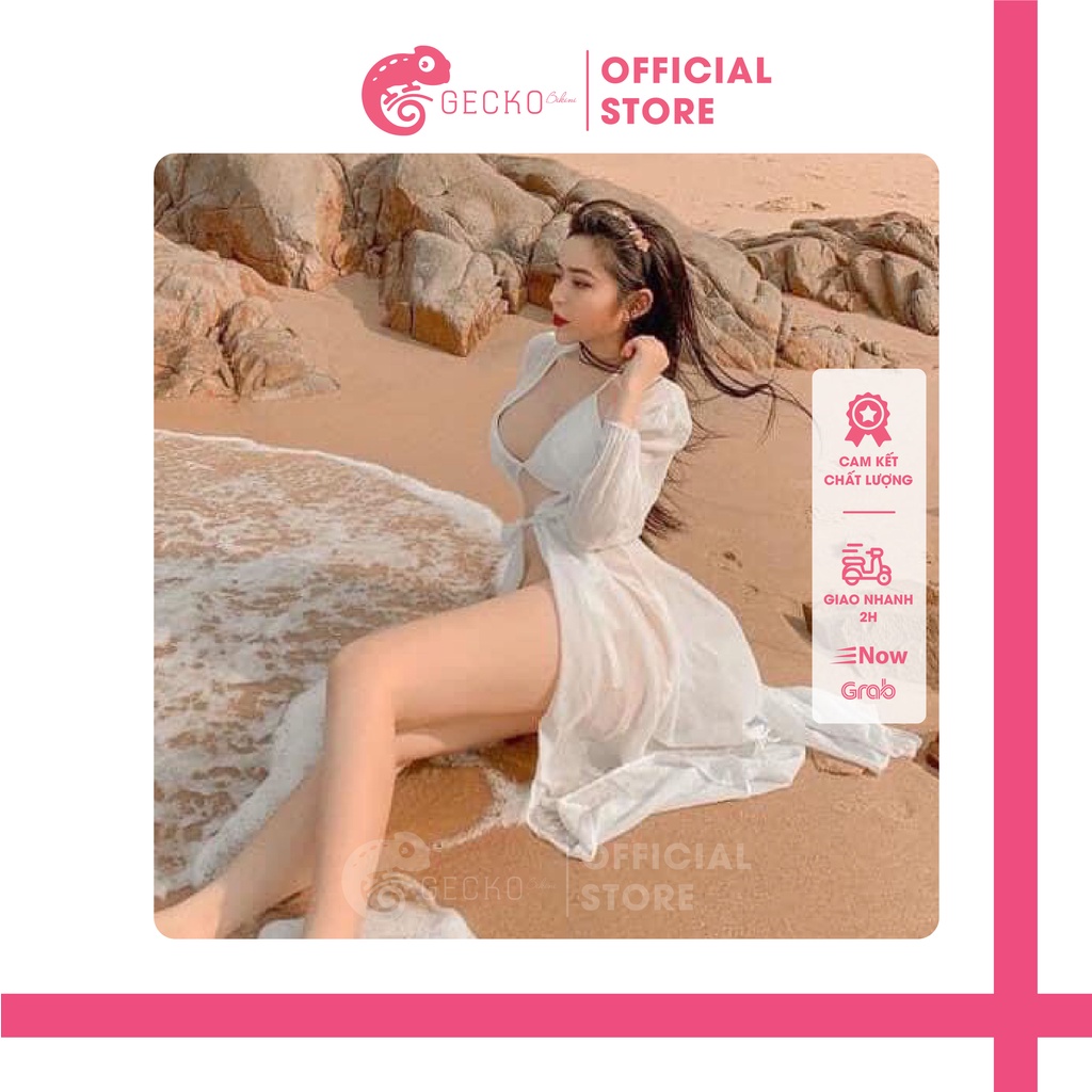Áo Khoác Kimono Đi Biển Dáng Dài, Áo Choàng Bikini Chân Váy Voan GK0402 (Ảnh Thật) Có Dây Cột Eo