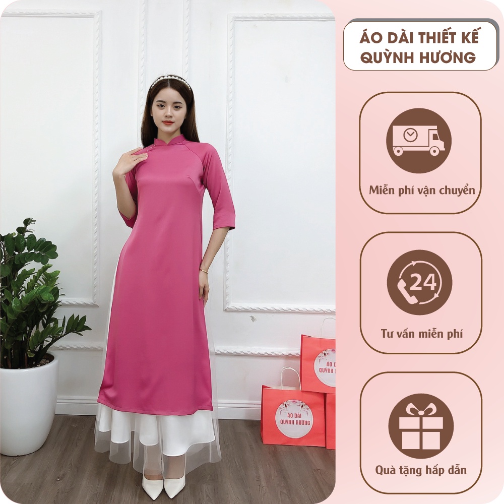 Áo dài cách tân truyền thống cổ vuông tay lỡ màu hồng tím