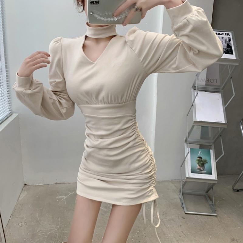 Đầm ôm tay dài màu sắc cổ điển phong cách thời trang Hàn Quốc cho nữ