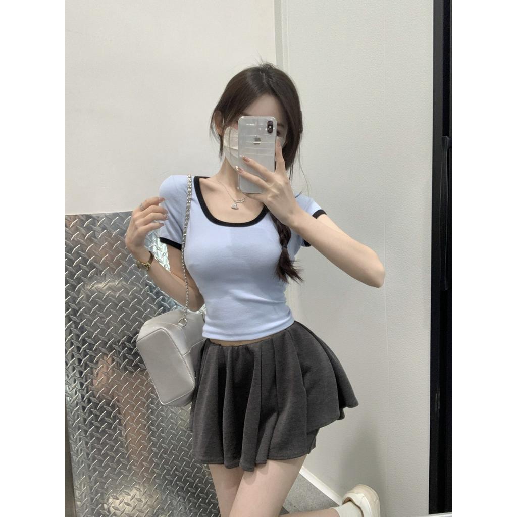 Áo Thun Ngắn Tay Cổ Vuông Dáng Ôm Màu Sắc Tương Phản Thời Trang 62209