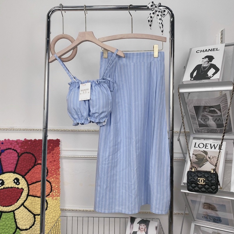 Set Váy 2 Dây Cúp Ngực Phối Chân Váy Xẻ Xanh