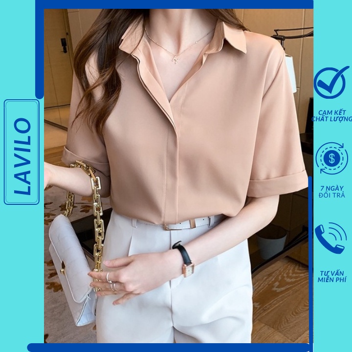 Áo sơ mi nữ công sở tay ngắn kiểu dấu nút đẹp LAVILO - sơ mi nữ ASM02