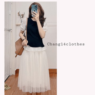 Áo cổ tròn phối tay voan kiểu dáng basic