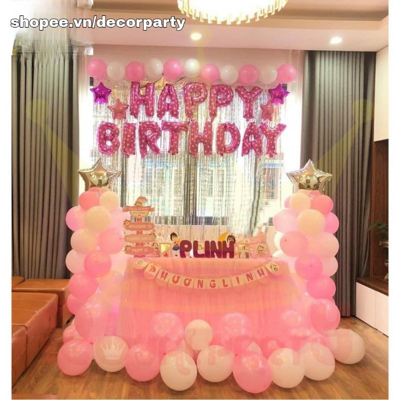 Combo Trang Trí Tiệc Sinh Nhật 2 Rèm Kim Tuyến, Bóng Chữ Happy Birthday và 50  bóng tròn