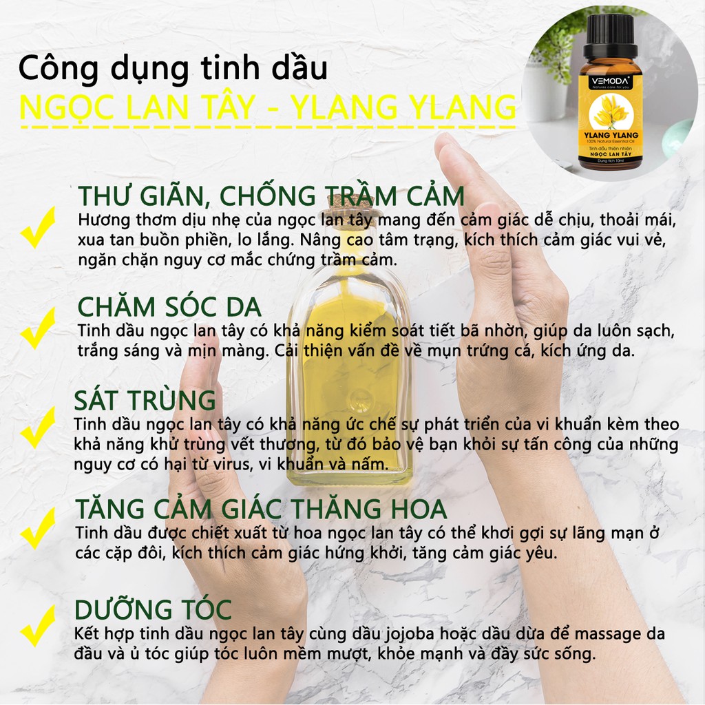 Tinh dầu xông phòng cao cấp Vemoda: tinh dầu Ngọc lan tây + tinh dầu Sả chanh + tinh dầu Bạc hà (10ml/lọ)