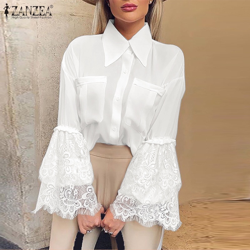 Zanzea Áo Sơ Mi Nữ Dài Tay Cổ Bẻ Phối Ren Thời Trang Châu Âu