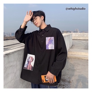 THINKER shirt/ sơ mi Hàn trắng đen