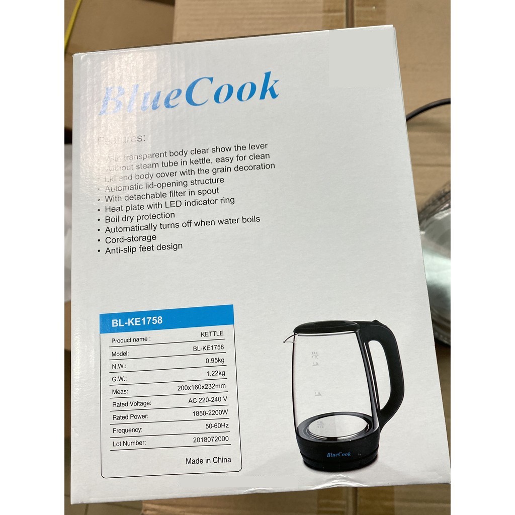 Ấm Siêu Tốc Thủy Tinh Cao Cấp Blue Cook - Ấm Đun Nước Thủy Tinh Công Suất Lớn 2200W, Sang Trọng