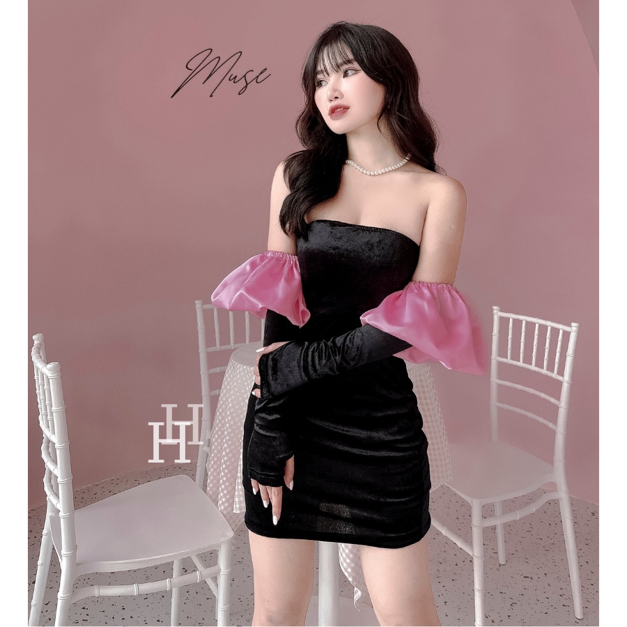 Đầm body ống màu đen hồng kèm găng tay phối rời HDT270 Hỉn Hỉn Store