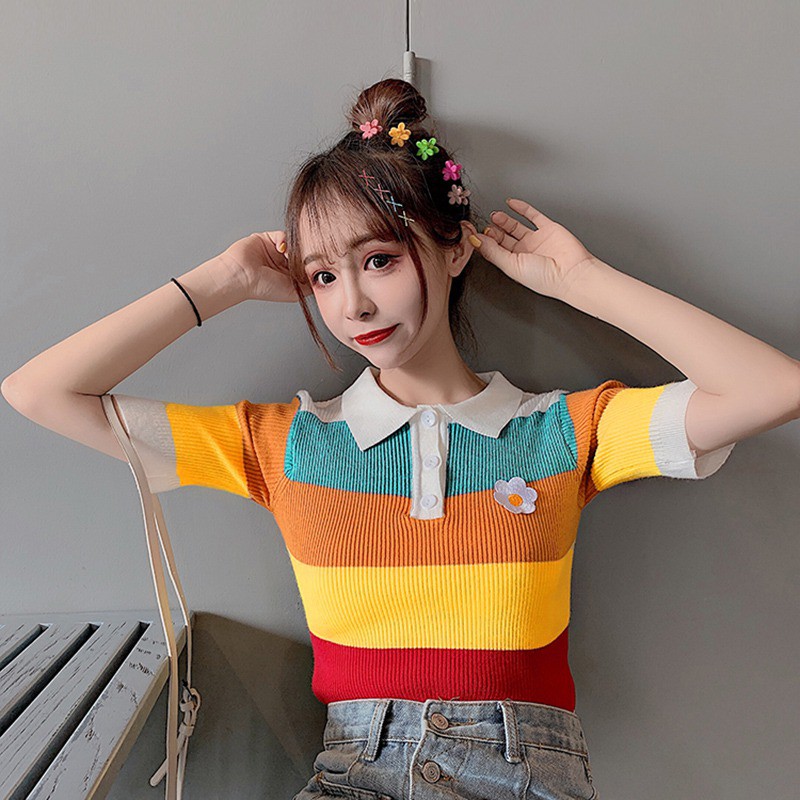 Áo thun polo nữ sọc ngang phối màu tương phản | BigBuy360 - bigbuy360.vn