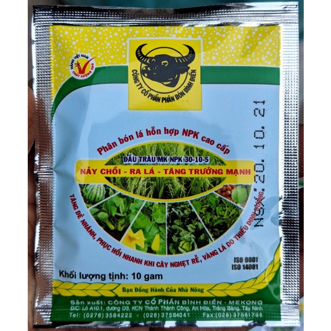 Phân bón lá Đầu trâu 30-10-5 Nảy chồi, ra lá, tăng trưởng mạnh 10g. Dùng cho rau màu, hoa cây cảnh, cây ăn quả.