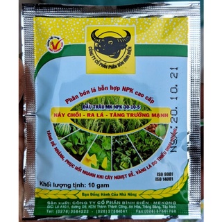 Phân bón lá Đầu trâu 30-10-5 Nảy chồi, ra lá, tăng trưởng mạnh 10g. Dùng cho rau màu, hoa cây cảnh, cây ăn quả.