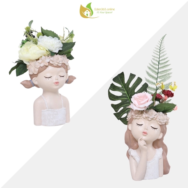 Bình hoa cô gái chống cằm, tóc búi, bình hoa composite cao cấp – Trang trí nội thất sang trọng - KT cao 27cm