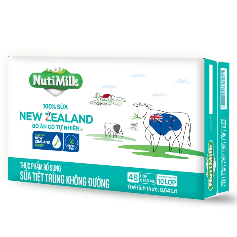 Combo 4 Hộp NutiMilk 100% Sữa New Zealand Bò ăn cỏ tự nhiên Không đường 180ml CB4.NZSKD180YS -  NUTIFOOD - YOOSOO MALL