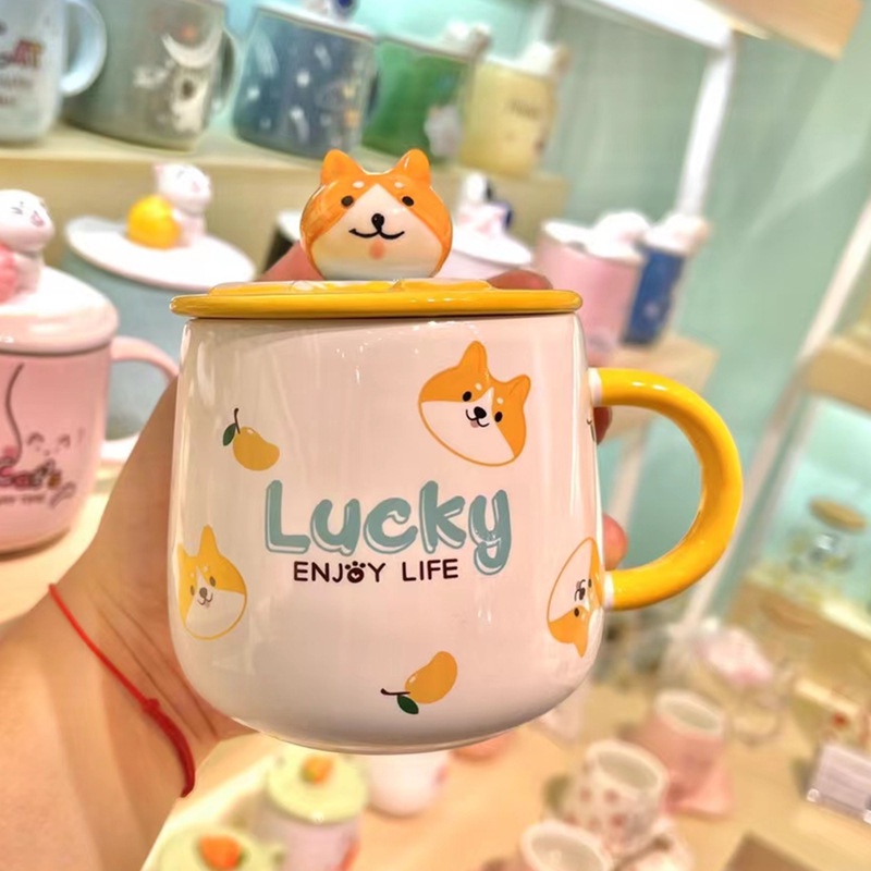 Mới Cốc Uống Nước Bằng Sứ Có Nắp Đậy Và Muỗng Họa Tiết Hoạt Hình Dễ Thương