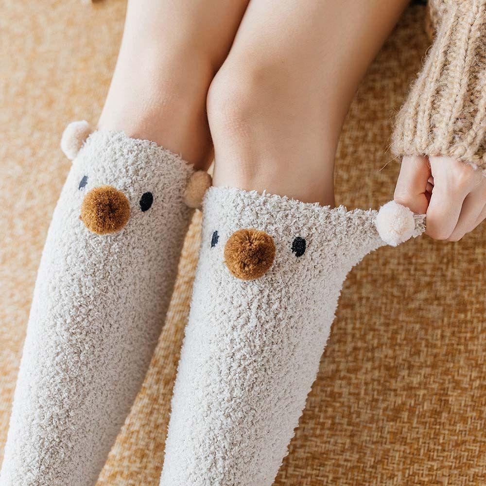 AROMA Vớ Lông Cừu San Hô Ống Dài Màu Trơn Họa Tiết Gấu Hoạt Hình Dễ Thương Thích Hợp Làm Quà Tặng Sinh Viên