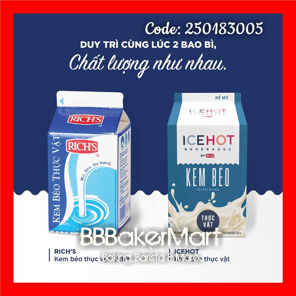 💥 HỎA TỐC 💥 Kem béo thực vật RICH lùn – Hộp 454gr (BAO BÌ CŨ/MỚI NGẪU NHIÊN, TÙY LÔ)