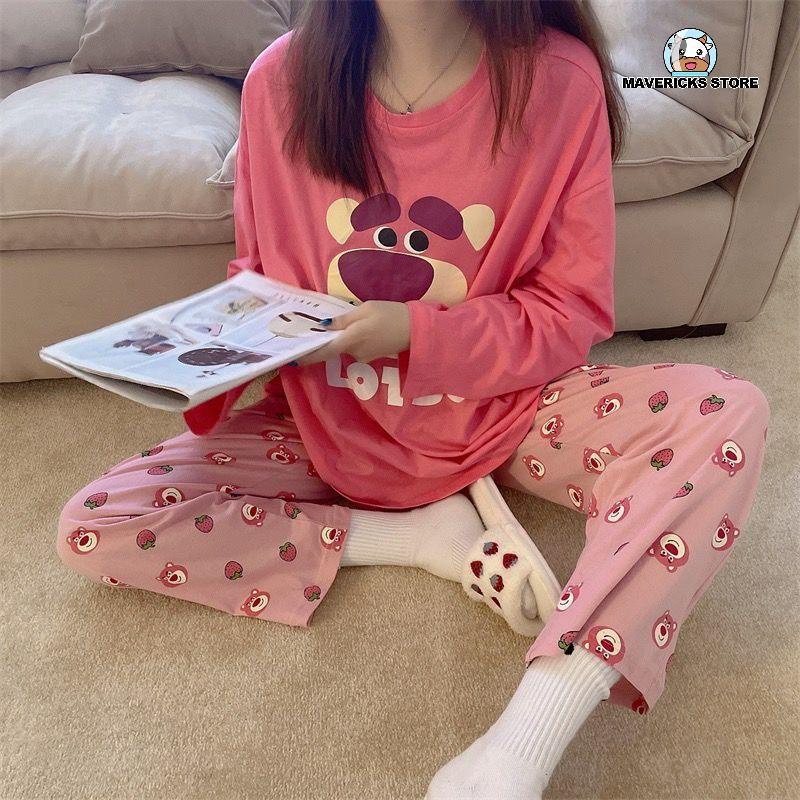 Bộ đồ ngủ mặc ở nhà tay dài in họa tiết chú gấu dễ thương dành cho nữ