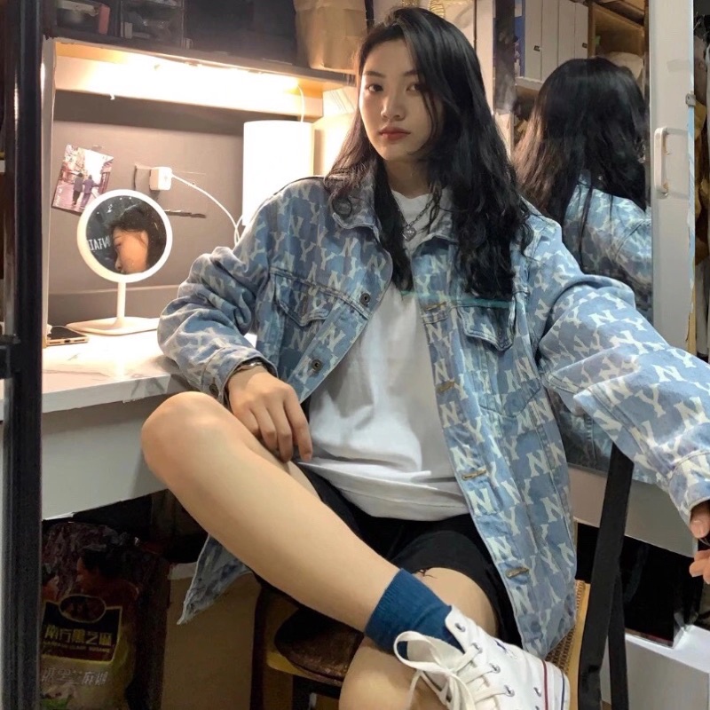 - ẢNH THẬT ÁO KHOÁC BÒ XANH NHẠT DEMIN HOẠ TIẾT MLB NY CÁ TÍNH