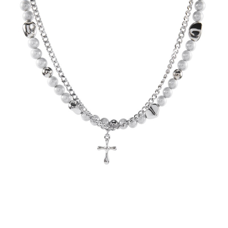 Vòng cổ Thép Titan Mặt Hình Thánh Giá Đính Ngọc Trai Phản Quang Phong Cách hip hop