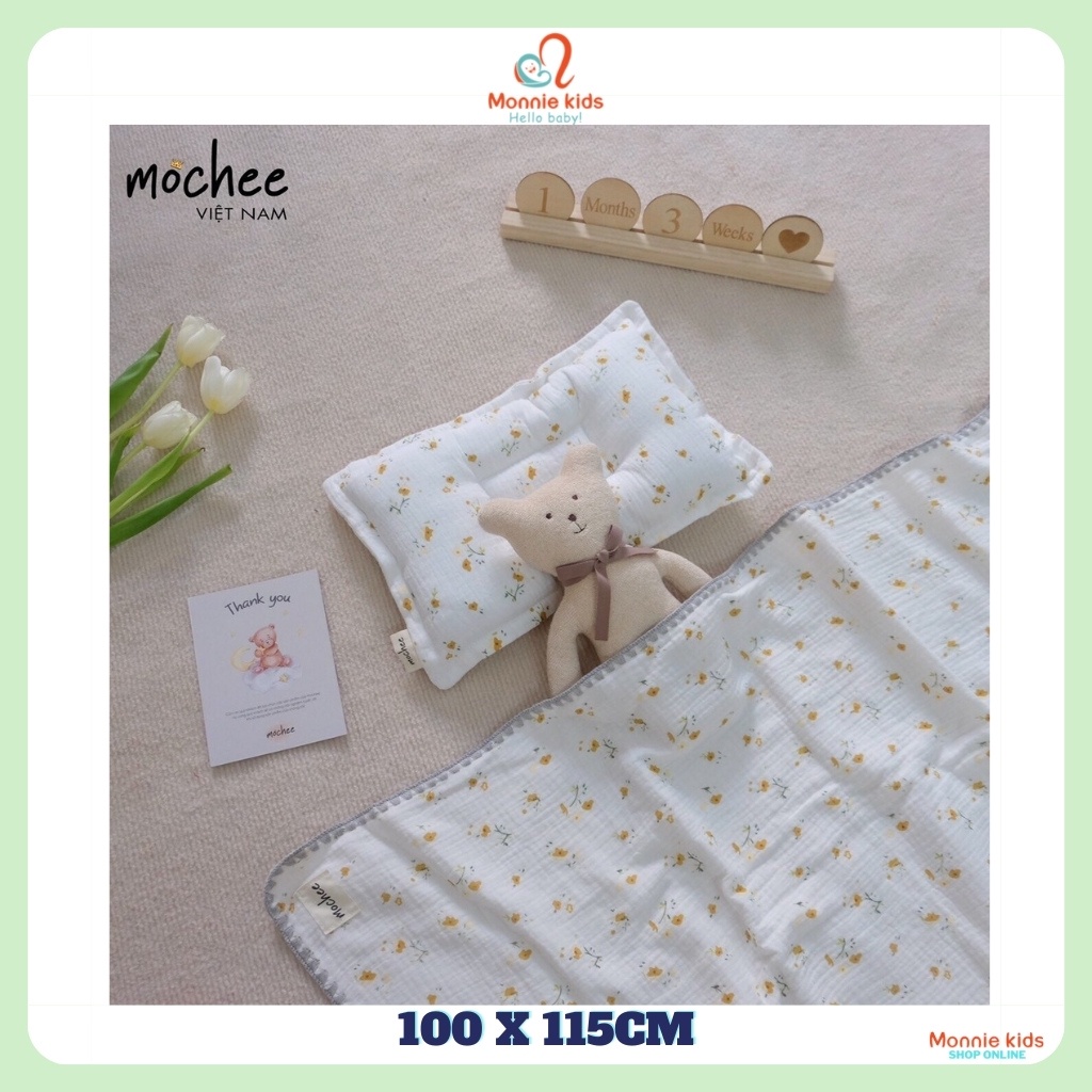 Chăn xô cho bé Mochee kèm gối 100x115cm, chăn xô muslin họa tiết - Monnie Kids