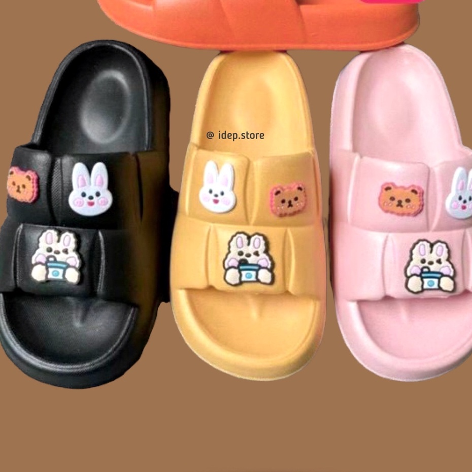 𝐢𝐃É𝐏 𝐃𝐋𝟐𝟒𝟑 Dép bánh mì CHAO vuông nữ đế cao 3cm gắn sticker hình Thỏ quai ngang EVA siêu nhẹ đi trong nhà