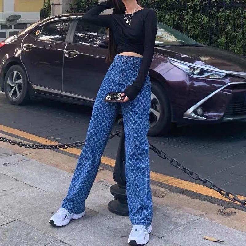 (VIDEO+ SẴN) Quần jeans hoạ tiết Gucc.i ulzzang phong cách Âu Mỹ hot trend 2021 KÈM 2 ẢNH THẬT CUỐI