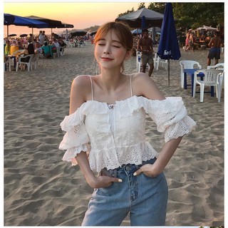 Áo Sơ Mi Trễ Vai Phối Ren Thêu Hoa Ngọt Ngào Thời Trang Mùa Hè