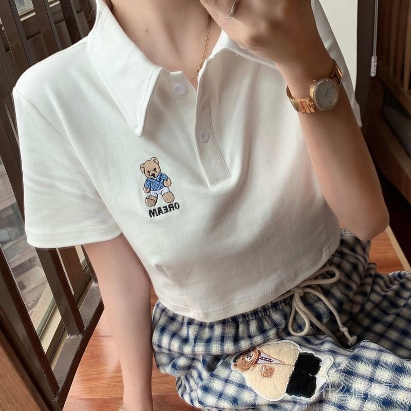 Women's 2021 spring and summer short sleeve bear t-shirts new wild thin white short high waist polo shirt | BigBuy360 - bigbuy360.vn