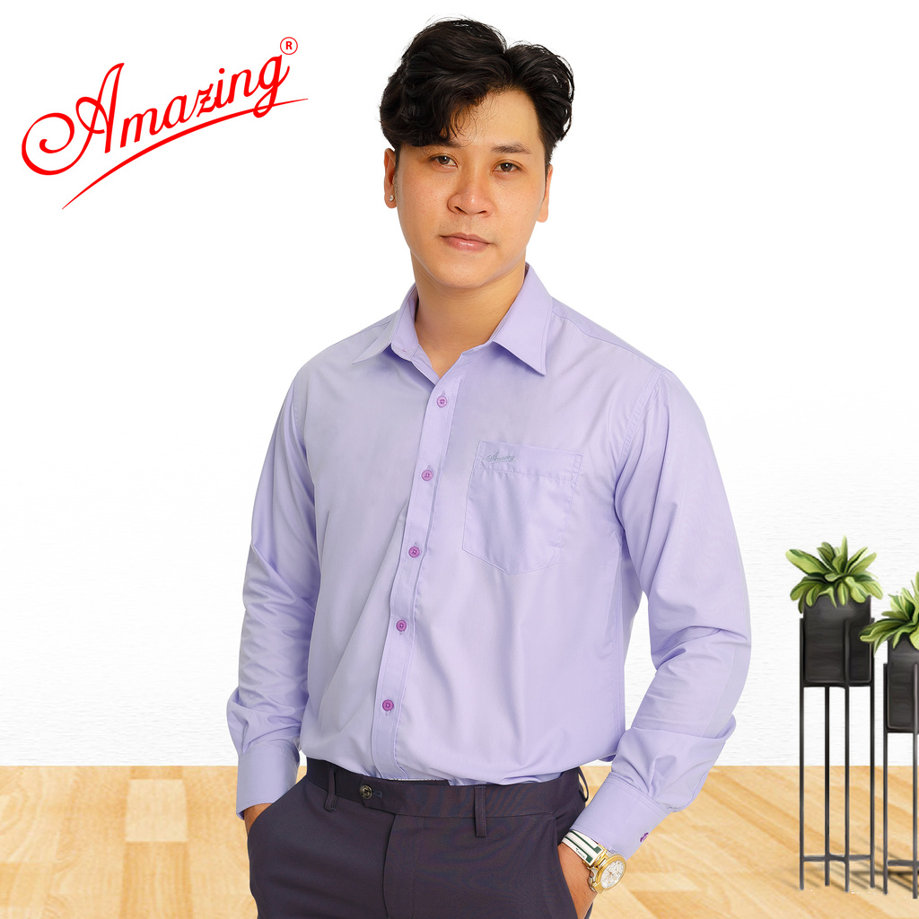 Áo sơ mi nam màu tím huế, tay dài, form rộng, vạt bầu, vải Bamboo,mịn mướt, hiệu Amazing