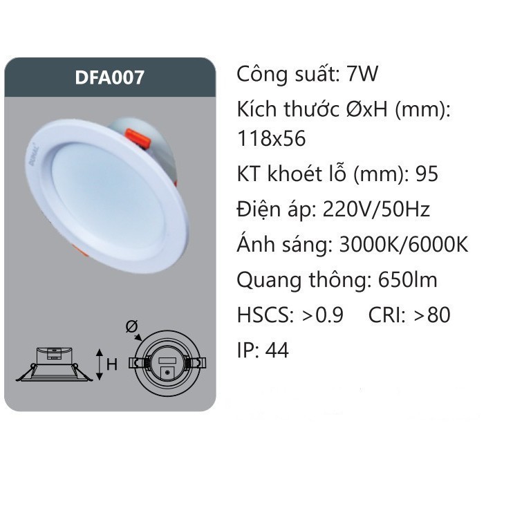 COMBO 10 bóng Đèn led downlight tán quang-chiều sâu 7W DUHAL DFA007 _Chính hãng