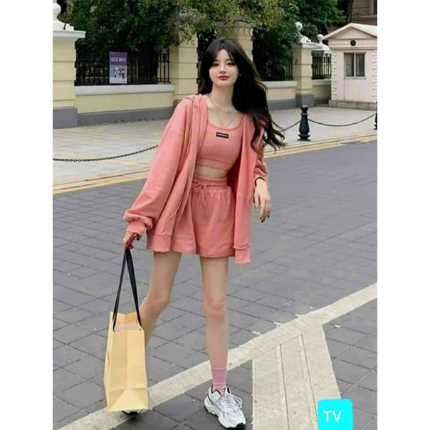 Set 3 món đồ bộ nữ cotton áo khoác có nón kéo khóa form rộng tay dài áo croptop 2 dây kèm quần short thể thao năng động