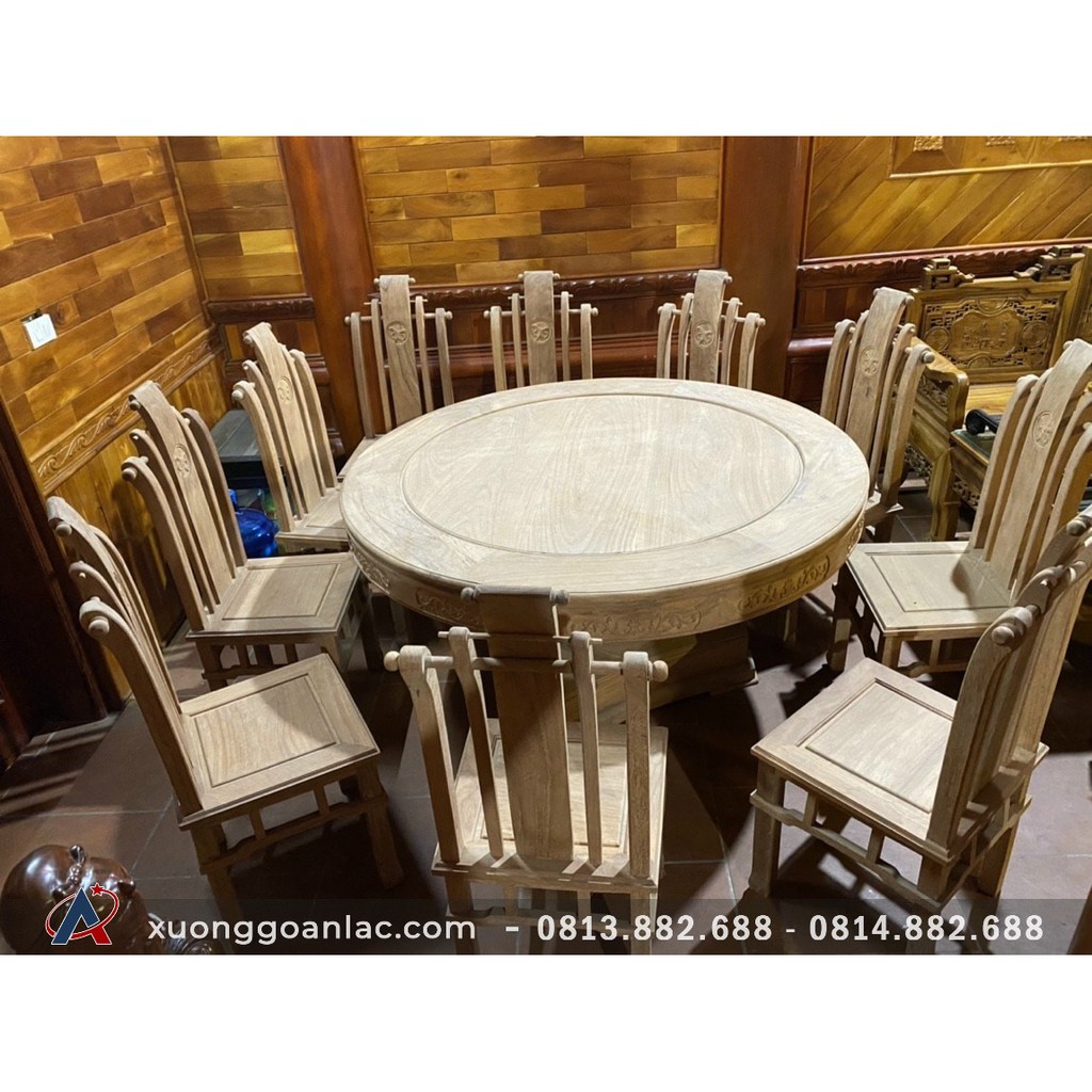 Bộ bàn ăn Tần Thuỷ Hoàng gỗ gõ 10 ghế, bàn tròn đóng khuôn tranh