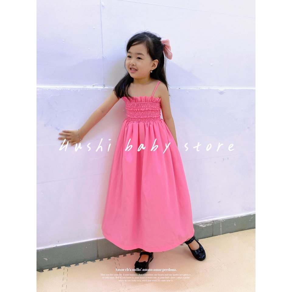 Váy 2 dây maxi đi biển cho bé gái, đầm 2 dây chun thân chất đũi mát lạnh cho bé gái