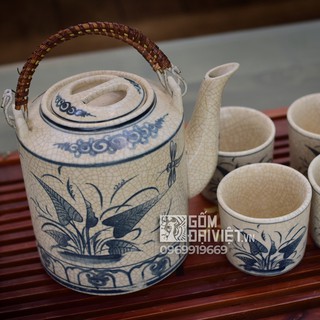 Bộ ấm chén tích Bát Tràng men rạn cổ vẽ chuồn cỏ