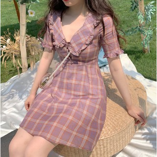 Đầm Kẻ Caro Cổ Sen Tiểu Thư